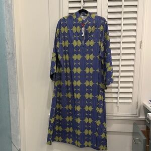 Elegant Long Sleeve Blue and Yellow Dress